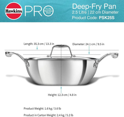 Pro 2.5 Litre Deep-Fry Pan, Triply Stainless Steel Kadhai with Stainless Steel Handles and Stainless Steel Lid, Silver (PSK25S)10