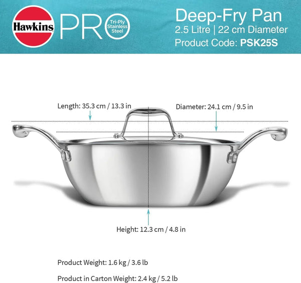 Pro 2.5 Litre Deep-Fry Pan, Triply Stainless Steel Kadhai with Stainless Steel Handles and Stainless Steel Lid, Silver (PSK25S)10