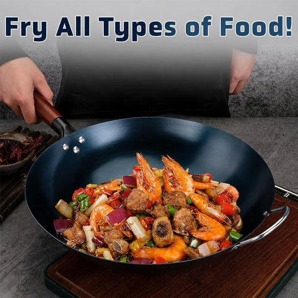 14" Blue Carbon Steel Wok Pan – Pre-Seasoned round Bottom Stir Fry Pan with Wooden Handle & Helper Handle – Chemical-Free Cookware for Gas, Electric & Induction6
