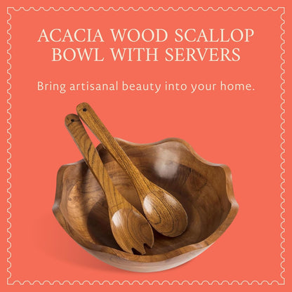 Premium Scalloped Acacia Bowl with Servers - Natural, 12In W X 4In H2