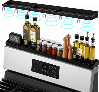30" Magnetic Stove Top Shelf, Silicone over the Stove Spice Rack Organizer | Heat Resistant Silicone, Anti-Rattle No-Scratch Range Shelf, 3 Functional Partitions Kitchen Storage for Spices1