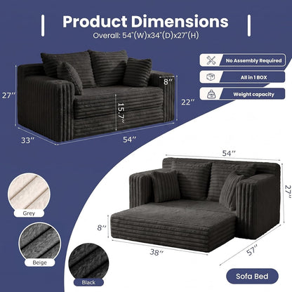 3-In-1 Convertible Sofa Bed: Boneless Loveseat Sleeper & Folding Couch Bed with 4 Pillows & Detachable Cushion,Furry Futon Couch for Bedroom,Apartment,Office and Living Room, No Assembly,Black2