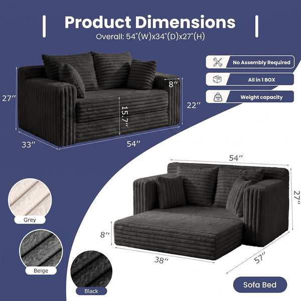 3-In-1 Convertible Sofa Bed: Boneless Loveseat Sleeper & Folding Couch Bed with 4 Pillows & Detachable Cushion,Furry Futon Couch for Bedroom,Apartment,Office and Living Room, No Assembly,Black2