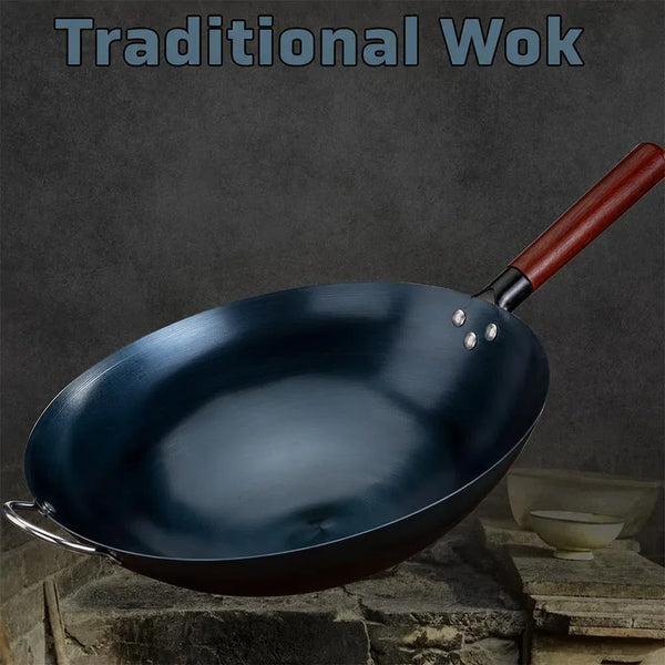 13.5 Inch Carbon Steel Wok Pan with Wooden Handle – Pre-Seasoned round Bottom Wok for Gas Stovetop – Natural Non-Stick Stir Fry Pan for Authentic Asian Cooking5