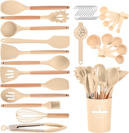 Kitchen Utensils Set - 34 PCS Non-Stick Silicone Cooking Utensils Set Spatula Set with Holder, Wooden Handle Spoon,Brush,Whisk Kitchen Gadgets Tools Set for Nonstick Cookware (Khaki-34P)1