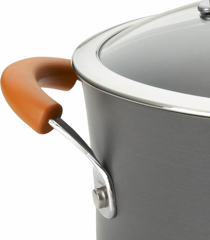 Brights Hard-Anodized Aluminum Nonstick Cookware Set with Glass Lids, 10-Piece Pot and Pan Set, Gray with Orange Handles6