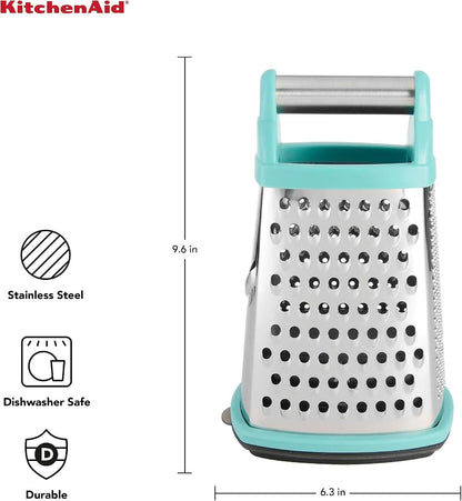 Kitchenaid Gourmet 4-Sided Stainless Steel Box Grater for Fine, Medium and Coarse Grate, and Slicing, Detachable 3 Cup Storage Container and Measurment Markings, Dishwasher Safe, 10 Inches Tall, Aqua2