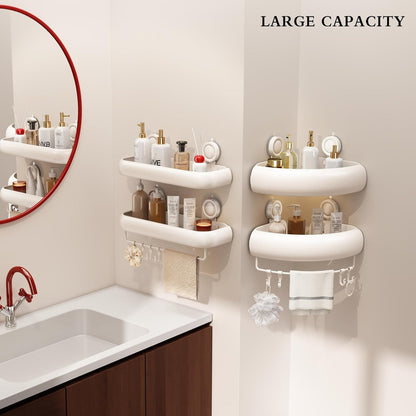 Shower Caddy Suction Cup, 2 Pack No Drilling Corner Shower Shelves, Rust Proof Bathroom Storage Organizer, Shower Corner Caddy with Removable Hooks and Towel Bar, Triangle, Cream3