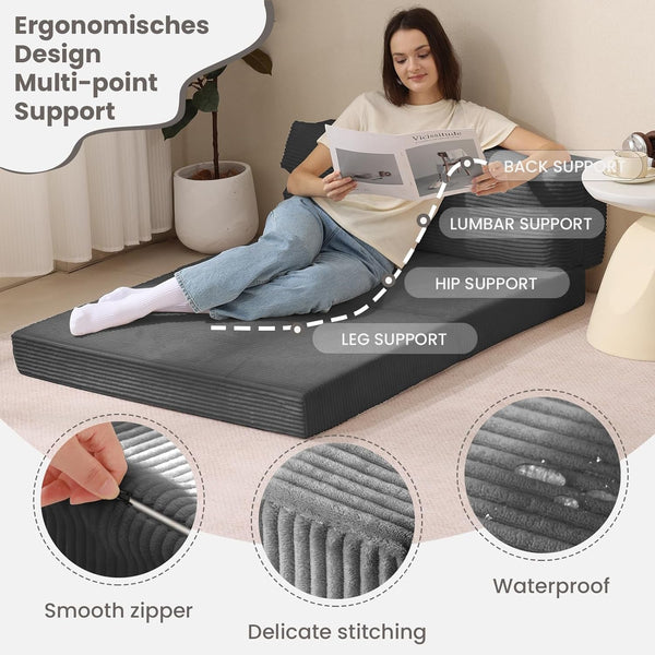Folding Sofa Bed, Convertible Sleeper Chair with Pilow Foldable Matress, 2 in 1 Pull Out Loveseat Sofa Portable Fold Out Chair Bed Floor Couch Lounge for Living Room Bedroom (Grey, Full)3