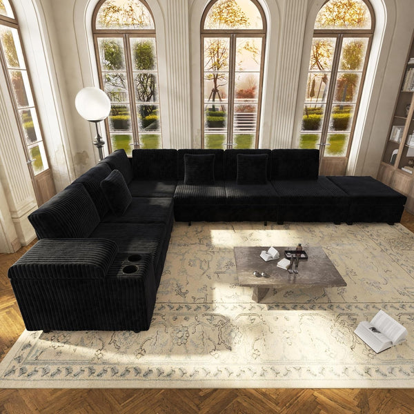 110" L-Shaped Oversized Plush Corduroy Modular Sectional Sofa with Pull-Out Bed, Convertible 6-Seater Sleeper Couch Bed with 1 Ottomans & USB & Cup Holders, Easy Assembly, for Living Room, Black3