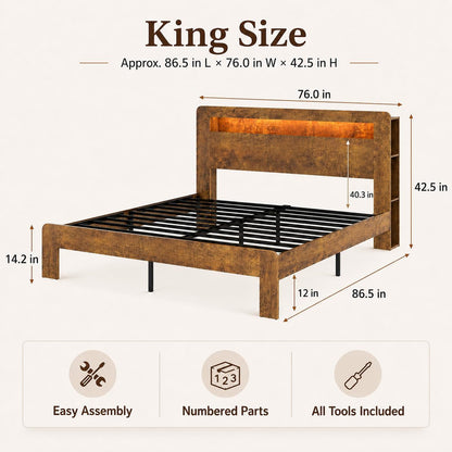 King Bed Frame Wood Platform with Storage Headboard LED USB No Box Spring2