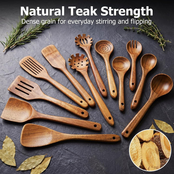 Wooden Spoons for Cooking, 12-Piece Teak Wood Kitchen Utensil Set, Nonstick Safe Wooden Spatulas and Spoons, Smooth Heat-Friendly Cooking Utensils for Everyday Meals (A12)2