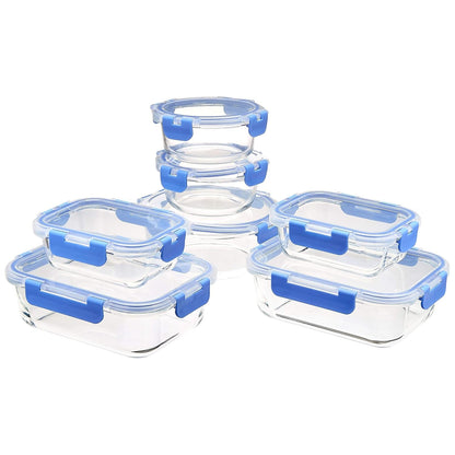 Glass Food Storage Containers, Leak Proof, Oven Safe, Easy to Clean, Stain Resistant, Set of 7, 14 Pieces Including Lids, Bpa-Free, Clear with Blue Silicone Ring1