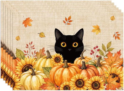 Fall Placemats Set of 6, Festival Linen Table Mats with Black Cat Pumpkin Sunflowers, Cute Autumn Decor & Supplies for Home Kitchen Farmhouse Dining Room Outdoor Indoor1