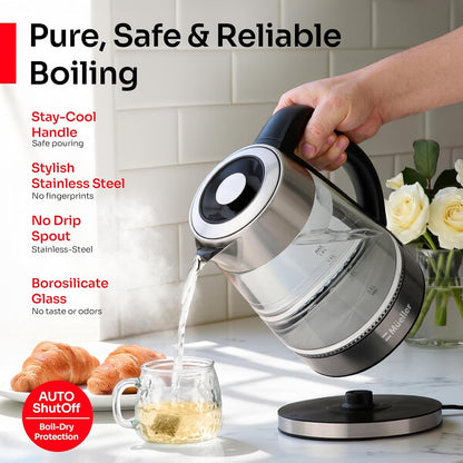 MUELLER HOME Rapid Boil Electric Tea Kettle 1.8L, Bpa-Free Hot Water Boiler | Borosilicate Glass & Stainless Steel, LED Light, Auto Shut-Off, Boil Dry Protection Fast Water Heater, Kitchen Appliances2