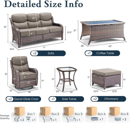 Luxury 6" Thick Cushioned 8 Pieces Patio Furniture Set with Outdoor Couch, Wicker Outdoor Conversation Set with High Back Swivel Rocker Chairs for Deck Porch Yard and Poolside - Brown+Grey2