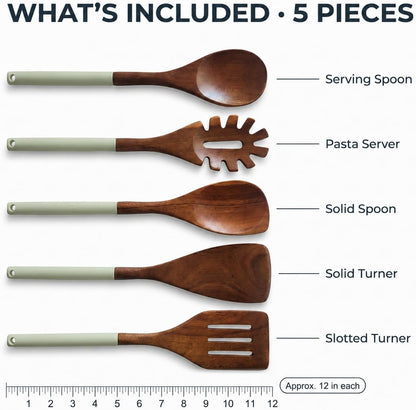 DI ORO Wooden Kitchen Utensil Set - 5 Pc Spoon & Spatula, Sage3
