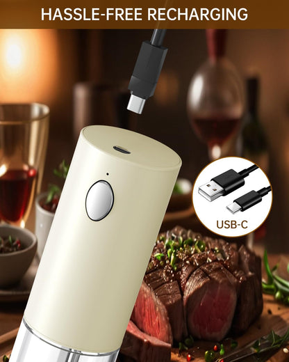 Electric Salt and Pepper Grinder Set Rechargeable Salt and Pepper Mills with Storage Base, Adjustable Coarseness and LED White Light, Washable 95Ml Container, Light Yellow3