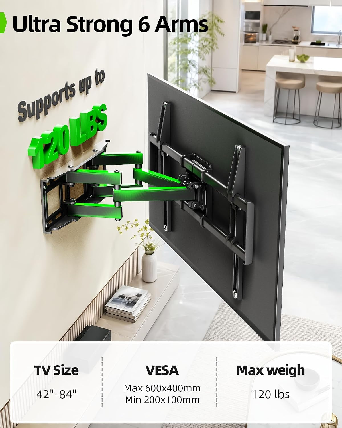 full-motion-tv-wall-mount-for-42-82-inch-tvs-up-to-120lbs-wall-mount-tv-bracket-with-articulating-swivel-tilt-extension-leveling-max-vesa-600x400mm-fits-12-16-wood-stud