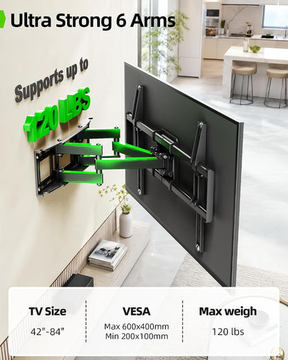 Full Motion TV Wall Mount for 42-82 Inch Tvs up to 120Lbs, Wall Mount TV Bracket with Articulating Swivel Tilt Extension Leveling, Max VESA 600X400Mm Fits 12/16" Wood Stud2