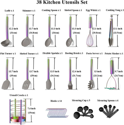 38 Piece Silicone Kitchen Cooking Utensils Set with Utensil Crocks, Silicone Head and Stainless Steel Handle Cookware, Kitchen Tools for Utensil Set, Non-Stick Kitchen Gadgets,Dishwasher Safe(Rainbow)2