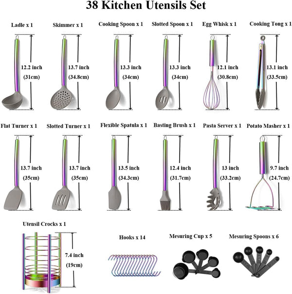 38 Piece Silicone Kitchen Cooking Utensils Set with Utensil Crocks, Silicone Head and Stainless Steel Handle Cookware, Kitchen Tools for Utensil Set, Non-Stick Kitchen Gadgets,Dishwasher Safe(Rainbow)2