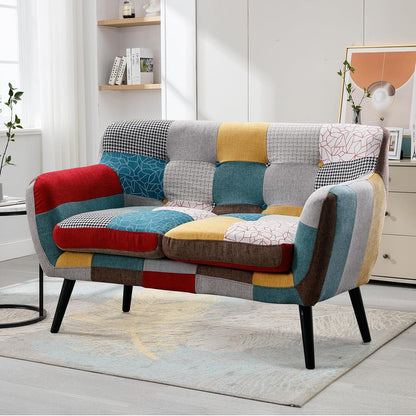 Modern Boho Loveseat Couch Sofa Chair for Living Room Bedroom, Upholstered Colorful Plaid Fabric 2-Seat Love Seat Sofa with Wood Leg for Small Space, One Loveseat1