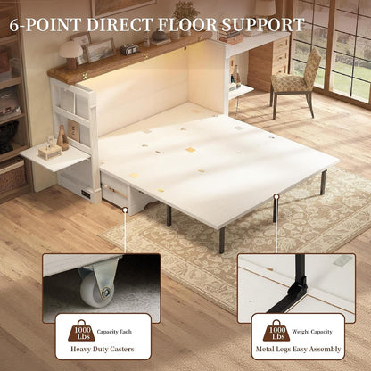 Queen Murphy Cabinet Bed with Desk, Shelves and Charging Station, White6