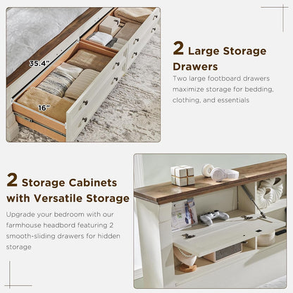 Farmhouse King Size Bed Frame with 2 Drawers & 4 Bookcases on the Headboard5