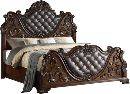 Cosmos Furniture Santa Monica Traditional Queen Bed - Cherry Finish Wood Bed with Tufted Headboard, Nail Head Trim - Queen Size for Classic Bedroom Decor1