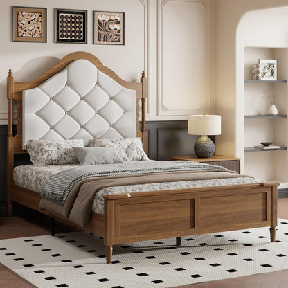 57" Tall Full Size Wood Bed Frame with Upholstered Headboard, Brown1