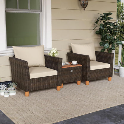 3 Piece Patio Furniture Set, Patiojoy Outdoor PE Wicker Bistro Set with Soft Cushions and Solid Acacia Wood, Outdoor Conversation Set with Porch, Balcony and Garden4