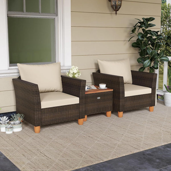 3 Piece Patio Furniture Set, Patiojoy Outdoor PE Wicker Bistro Set with Soft Cushions and Solid Acacia Wood, Outdoor Conversation Set with Porch, Balcony and Garden4