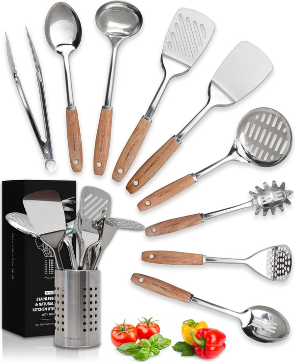 10-Piece Stainless Steel Kitchen Utensil Set with Wooden Handle1