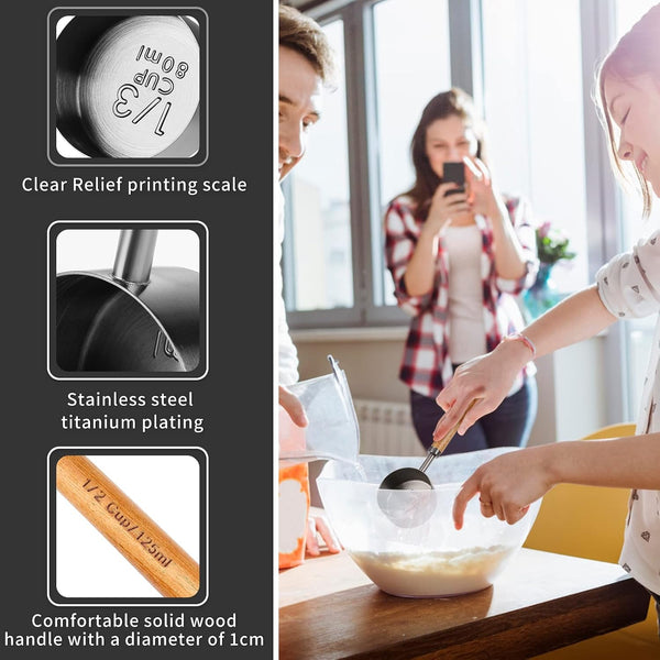 Measuring Cup with Wooden Handle, 1/2 Cup Titanium-Plating 125 Ml Stainless Steel, Space Gray3
