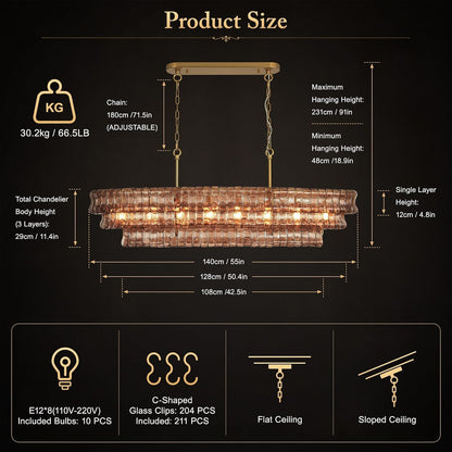 55-Inch 3-Tier Rectangular Smoke Glass Chandelier, 8-Light Solid Brass2