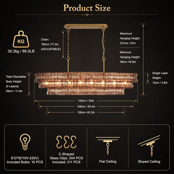 55-Inch 3-Tier Rectangular Smoke Glass Chandelier, 8-Light Solid Brass2