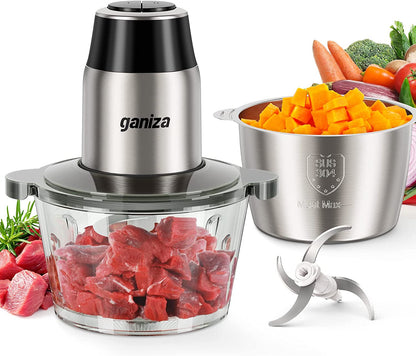 Food Processors with 2 Bowls, 450W Meat Grinder Vegetable Chopper | 2-Speed Electric Food Chopper with 8 Cup Glass & 8 Cup Stainless Steel Bowls -Includes 2 Sets of Blades for Fruits/Meat/Nuts1