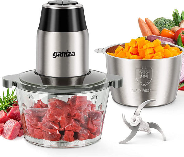 Food Processors with 2 Bowls, 450W Meat Grinder Vegetable Chopper | 2-Speed Electric Food Chopper with 8 Cup Glass & 8 Cup Stainless Steel Bowls -Includes 2 Sets of Blades for Fruits/Meat/Nuts1