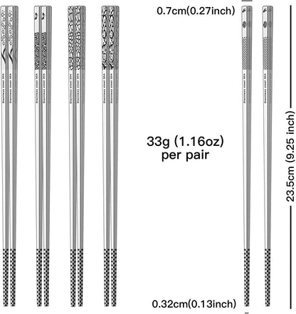 Metal Chopsticks Reusable 18/8 Stainless Steel Chopsticks Multipack Dishwasher Safe Chop Sticks Cute Laser Engraved Non-Slip Japanese Korean Chopstick for Cooking Eating 9 1/4 Inches 5 Pairs Gift Set7