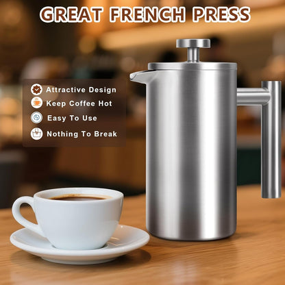 French Press 34 Oz, Full Stainless Steel French Press Coffee Maker 4 Cups | Upgraded Double-Walled Insulated French Coffee Presses, Food Grade Good for Kitchen Camping, Dishwasher Safe 2 More Filters4