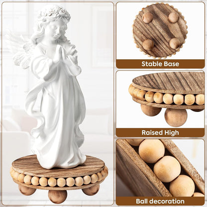 round Wood Risers for Display：2P Beaded Riser Distressed Decor | Stable Wood Coaster-Rustic Farmhouse Pedestal Display Riser for Cake/Plant Stand/ Tiered-Ball Decoration-Raised High Holder4