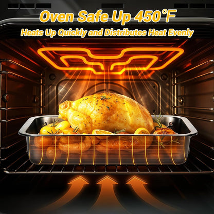 Heavy Duty Stainless Steel Roasting Pan with Rack & Handle for Oven | High Sided, Induction Compatible, Rack for Even Heating & Draining, for Turkey Chicken Vegetables & Lasagna, Easy to Clean3
