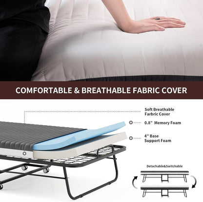 Folding Bed with Mattress, Foldable Roll Away Bed for Adults - 75''X31'', Portable Fold up Guest Beds with 5 Inch Mattress Include Memory Foam, Space Saving Extra Beds Metal Frame6