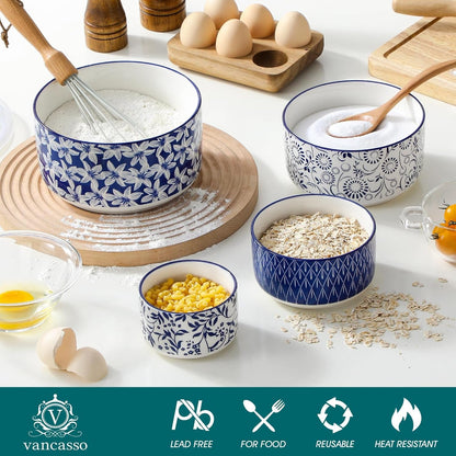Ceramic Nesting Bowls with Lids Set of 4, Serving Bowls for Food Storage, Prep Bowl, Ceramic Bowl for Kitchen, Microwave & Dishwasher Safe, 60+36+20+10 Oz, Series SELENE7