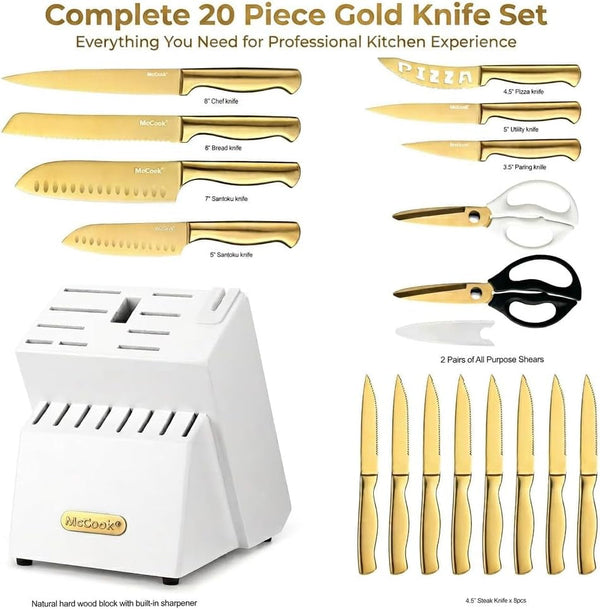 ® Kitchen Knife Sets, Golden Titanium Stainless Steel Knives Block Set with Built-In Sharpener, 20 Piece Knives, Restaurant Grade Sharp, Elegant Gold & Stylish Wooden Block for Modern Culinary | German Forged Stainless Steel,20 Pc,Razor Sharp,Anti-Rust, Ergonomic Handles,Full Tang,Elegant Gold, Gift Box2