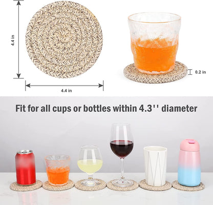 8 Pcs Drink Coasters with Holder, Cotton Woven Absorbent Coasters for Drinks, Minimalist Home Decor Coaster Set for Wooden Tabletop Protection Table, 4.3 Inches Mixed Brown2