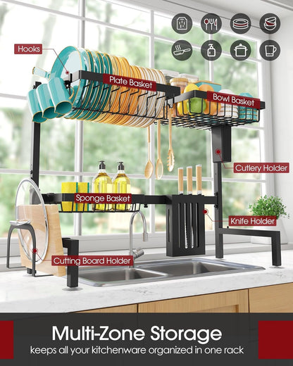 over the Sink Dish Drying Rack - Adjustable 2 Tier Large Capacity Stainless Steel Drainer with Cutlery & Utensil Holders, Kitchen Storage & Organization, 30"-33.9" L X 11" W X 21.5" H, Black2