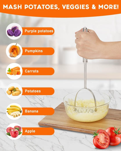 Potato Masher, Uncoated Stainless Steel Potato Press, One-Piece | 37-Hole Design, Dual-Arc, 304 Stainless Steel, Lump-Free Mashing, Non-Slip Handle, Dishwasher Safe4