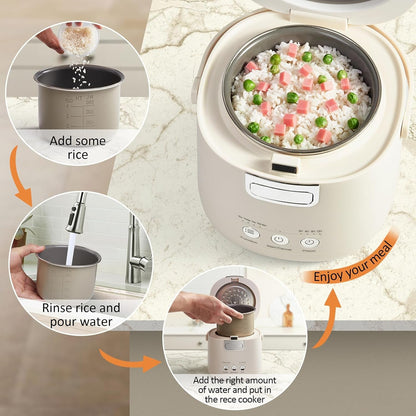Rice Cooker Small – Mini Rice Cooker 2 Cups Uncooked – Portable Rice Maker | with Non-Stick Coating,12-Hour Timer Delay & Auto Keep Warm & One-Touch for Dorm Office Travel 1-2 Person (Beige)5